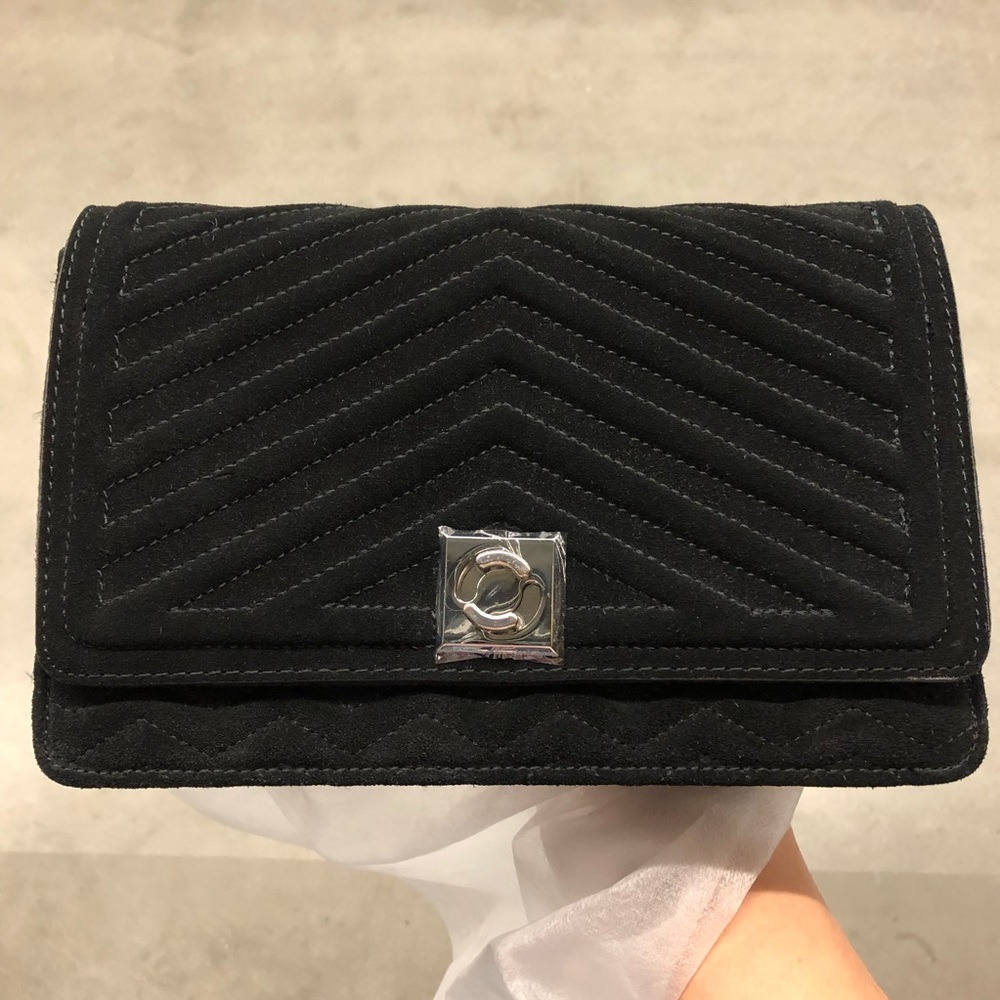 Zara black suede leather quilted city bag NWT